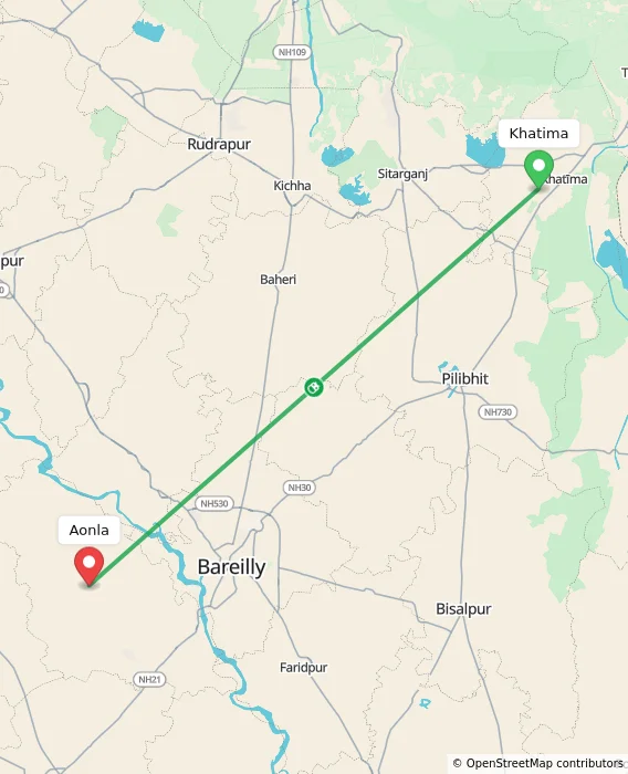 Route map showing distance and travel time from Khatima, India to Aonla, India