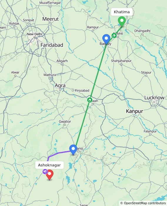 Route map showing distance and travel time from Khatima, India to Ashoknagar, India