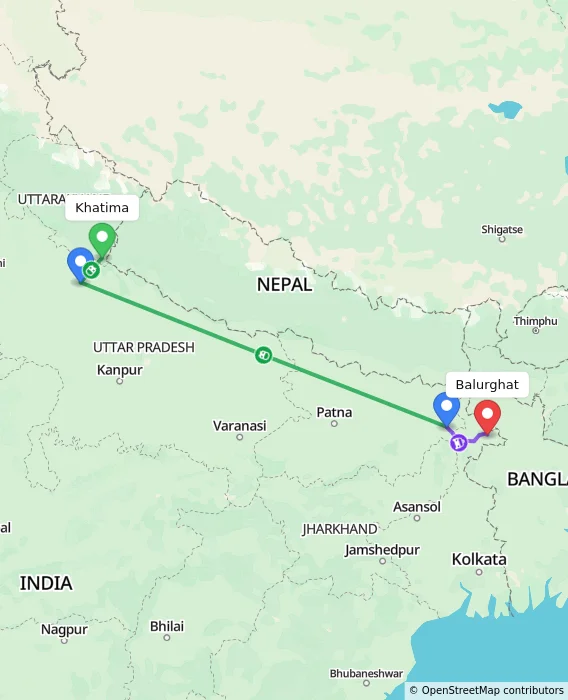 Route map showing distance and travel time from Khatima, India to Balurghat, India