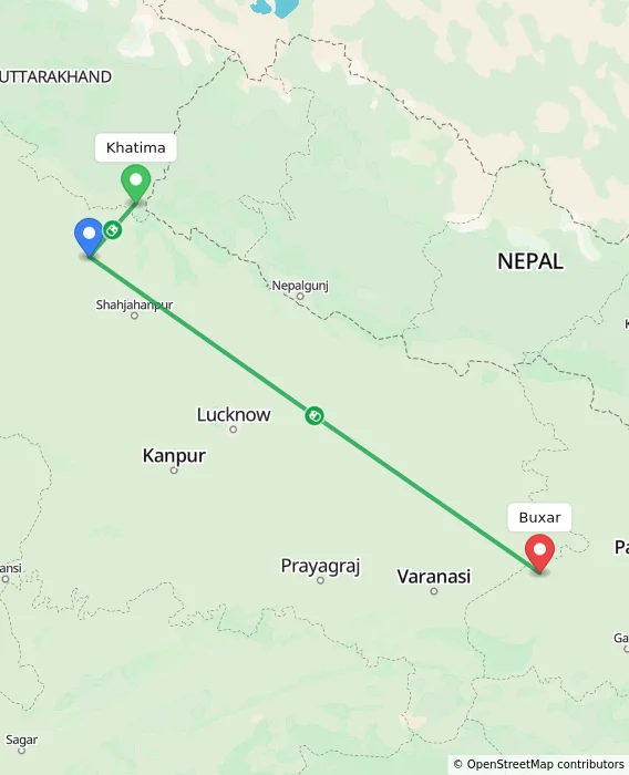 Route map showing distance and travel time from Khatima, India to Buxar, India