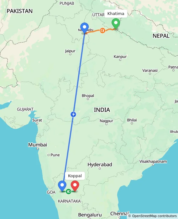 Route map showing distance and travel time from Khatima, India to Koppal, India