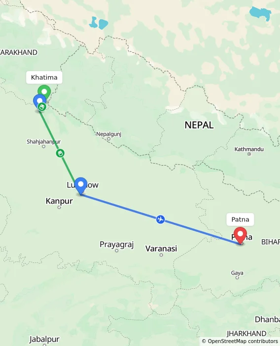 Route map showing distance and travel time from Khatima, India to Patna, India