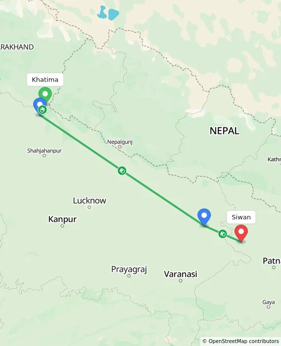 Route map showing distance and travel time from Khatima, India to Siwan, India