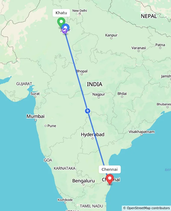 Route map showing distance and travel time from Khatu, India to Chennai, India