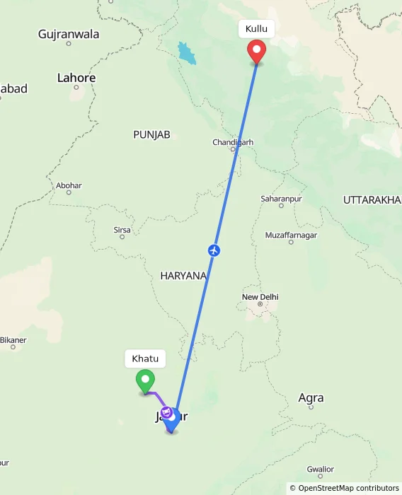 Route map showing distance and travel time from Khatu, India to Kullu, India