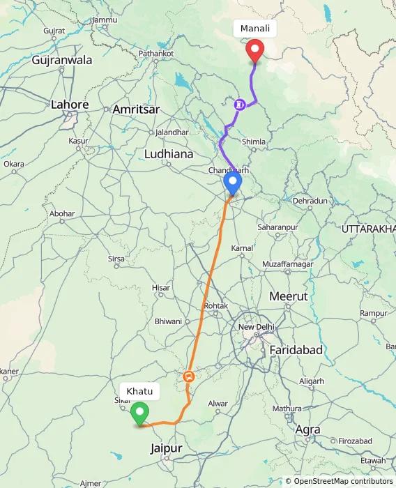 Route map showing distance and travel time from Khatu, India to Manali, India
