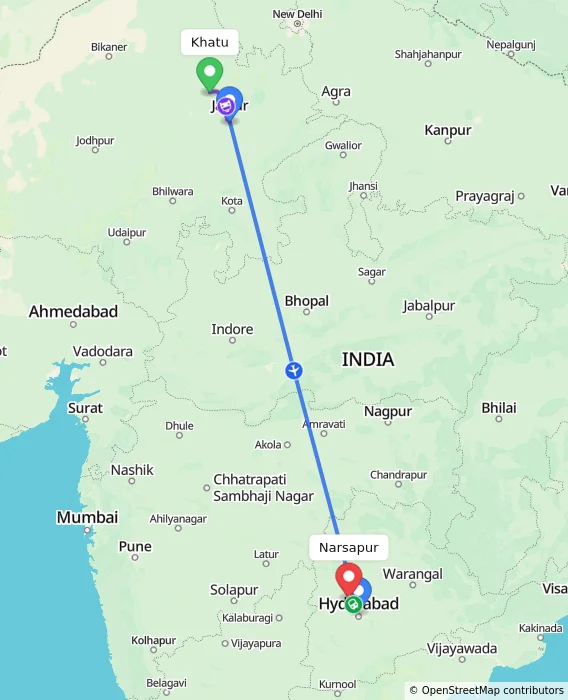 Route map showing distance and travel time from Khatu, India to Narsapur, India
