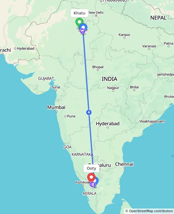 Route map showing distance and travel time from Khatu, India to Ooty, India