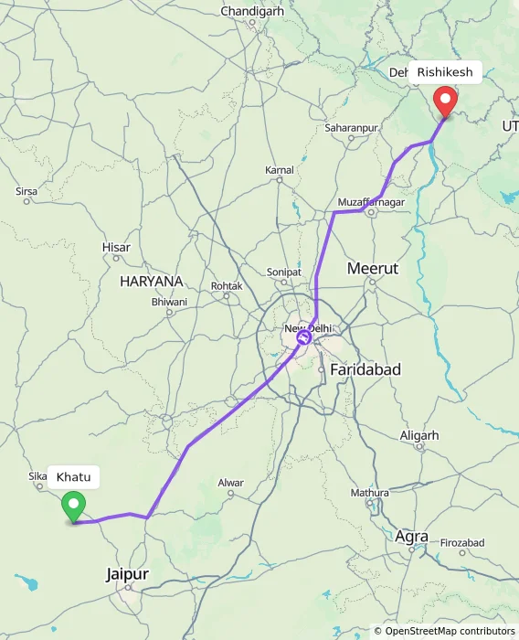 Route map showing distance and travel time from Khatu, India to Rishikesh, India