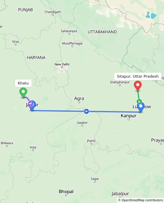 Route map showing distance and travel time from Khatu, India to Sitapur, Uttar Pradesh, India