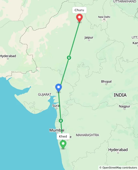 Route map showing distance and travel time from Khed, India to Churu, India