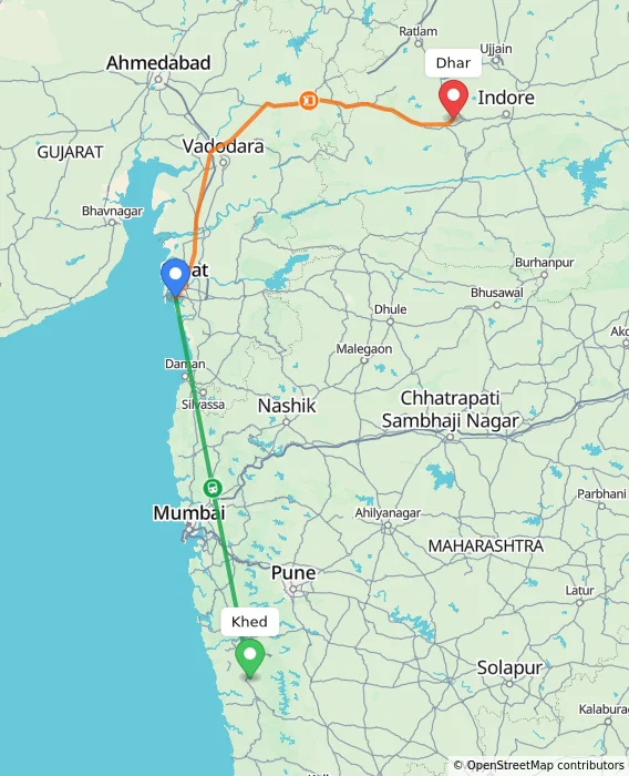 Route map showing distance and travel time from Khed, India to Dhar, India