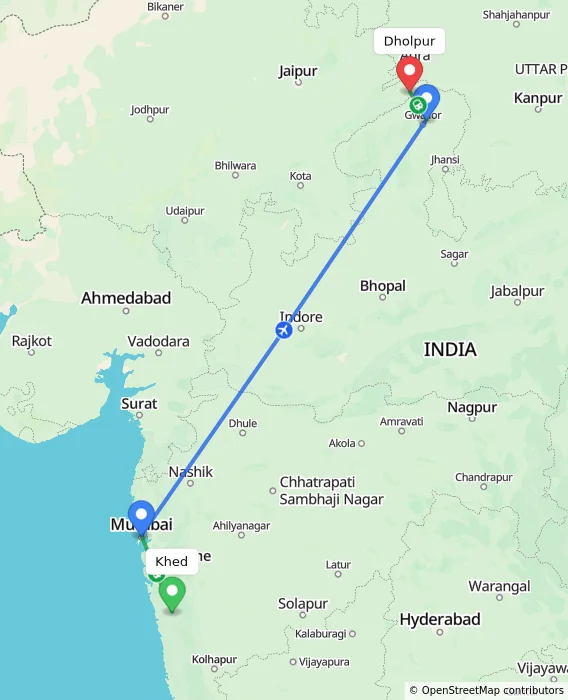 Route map showing distance and travel time from Khed, India to Dholpur, India