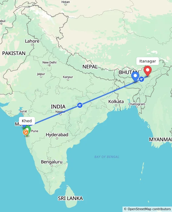 Route map showing distance and travel time from Khed, India to Itanagar, India