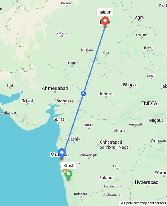 Route map showing distance and travel time from Khed, India to Jaipur, India