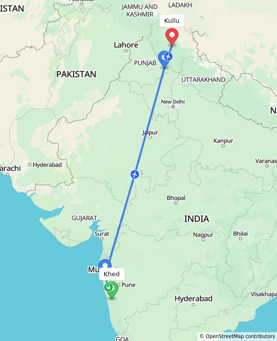 Route map showing distance and travel time from Khed, India to Kullu, India