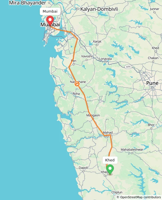 Route map showing distance and travel time from Khed, India to Mumbai, India