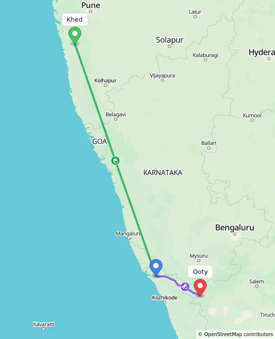 Route map showing distance and travel time from Khed, India to Ooty, India