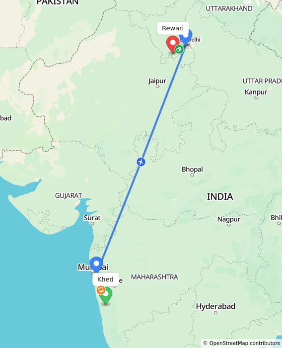 Route map showing distance and travel time from Khed, India to Rewari, India