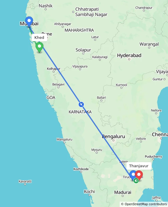 Route map showing distance and travel time from Khed, India to Thanjavur, India
