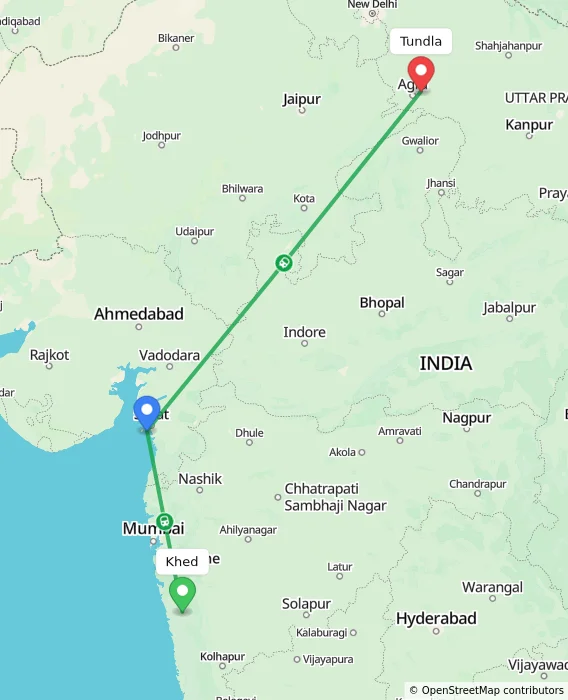 Route map showing distance and travel time from Khed, India to Tundla, India