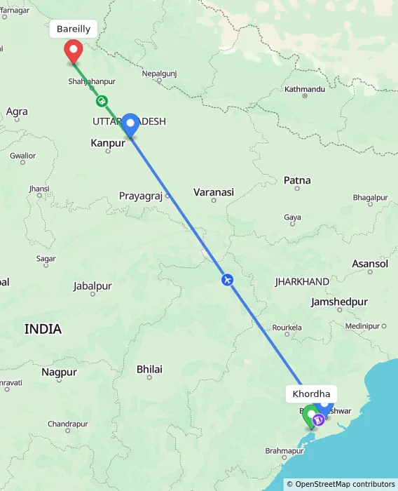 Route map showing distance and travel time from Khordha, India to Bareilly, India