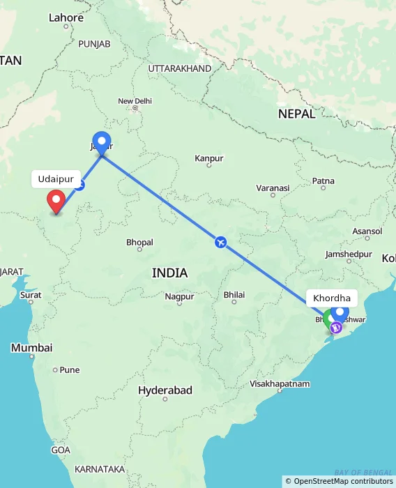 Route map showing distance and travel time from Khordha, India to Udaipur, India
