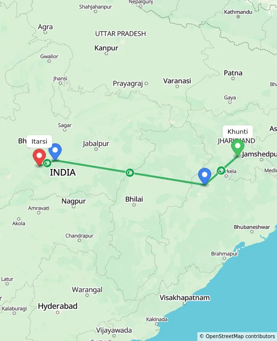 Route map showing distance and travel time from Khunti, India to Itarsi, India
