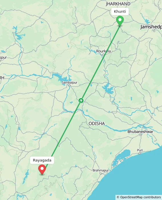 Route map showing distance and travel time from Khunti, India to Rayagada, India
