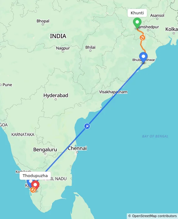 Route map showing distance and travel time from Khunti, India to Thodupuzha, India