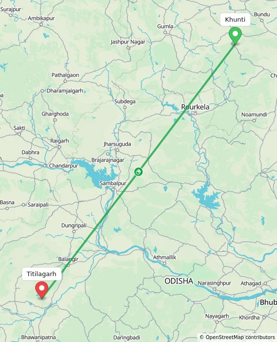 Route map showing distance and travel time from Khunti, India to Titilagarh, India
