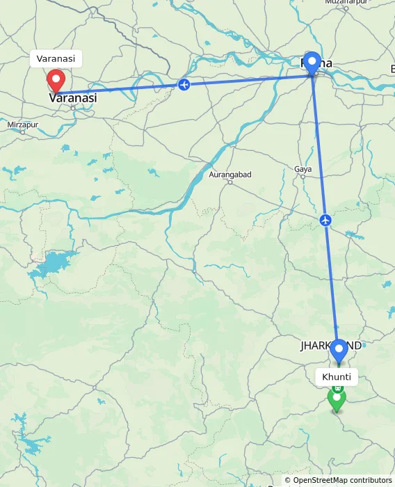 Route map showing distance and travel time from Khunti, India to Varanasi, India