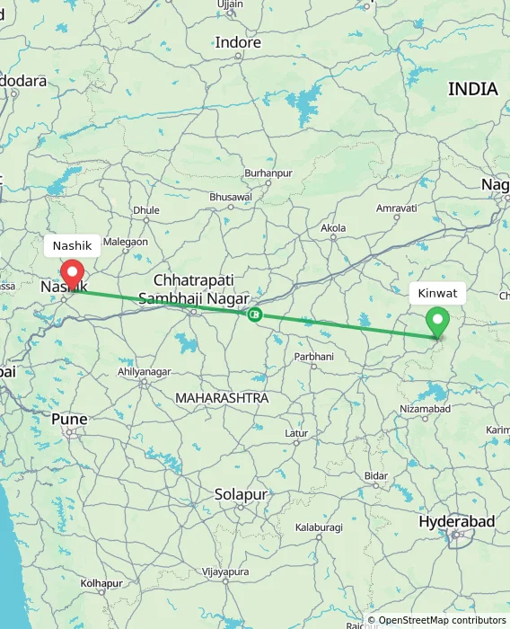 Route map showing distance and travel time from Kinwat, India to Nashik, India