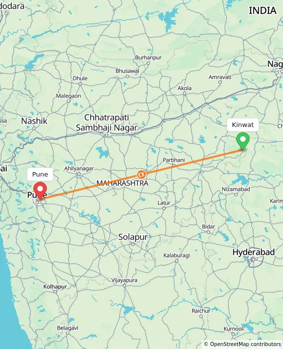 Route map showing distance and travel time from Kinwat, India to Pune, India