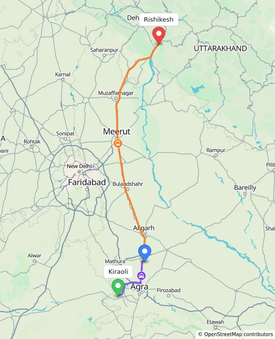 Route map showing distance and travel time from Kiraoli, India to Rishikesh, India