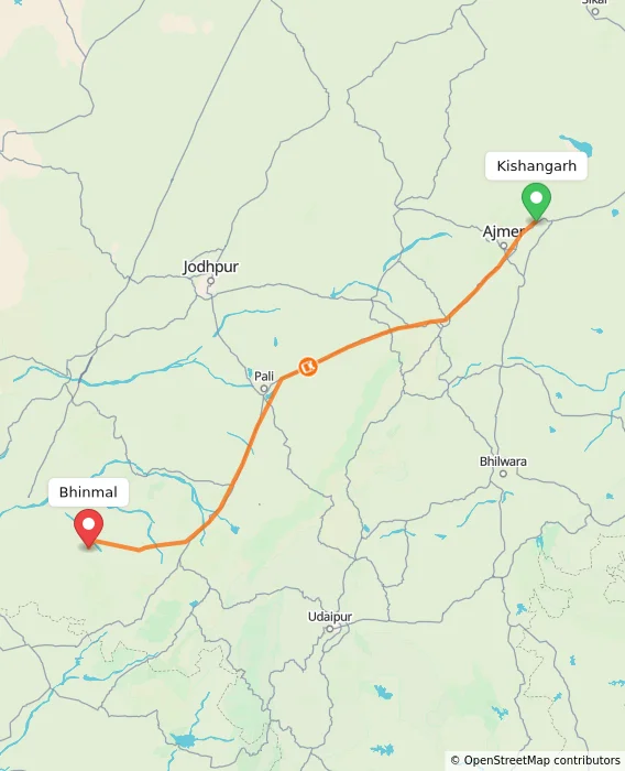 Route map showing distance and travel time from Kishangarh, India to Bhinmal, India
