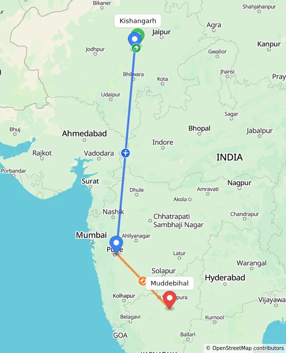Route map showing distance and travel time from Kishangarh, India to Muddebihal, India