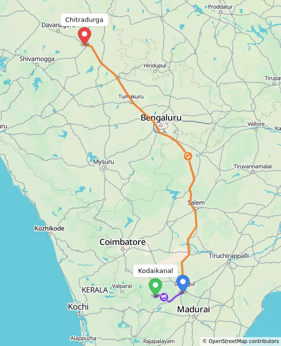 Route map showing distance and travel time from Kodaikanal, India to Chitradurga, India