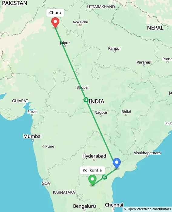 Route map showing distance and travel time from Koilkuntla, India to Churu, India