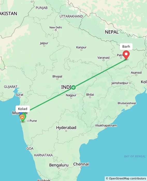 Route map showing distance and travel time from Kolad, India to Barh, India