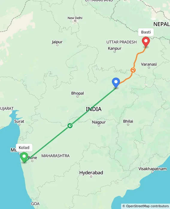 Route map showing distance and travel time from Kolad, India to Basti, India