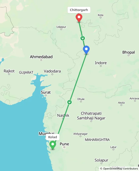 Route map showing distance and travel time from Kolad, India to Chittorgarh, India