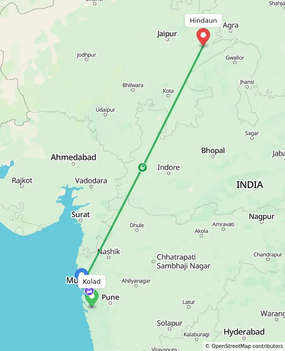 Route map showing distance and travel time from Kolad, India to Hindaun, India