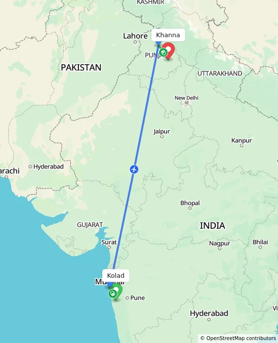 Route map showing distance and travel time from Kolad, India to Khanna, India