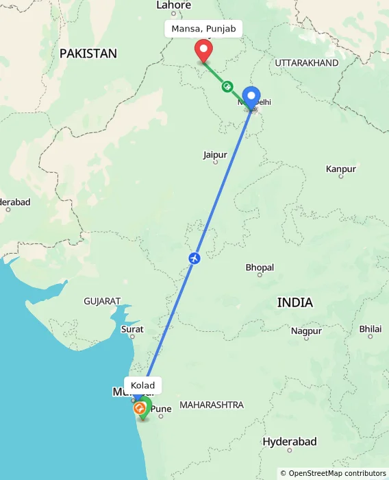 Route map showing distance and travel time from Kolad, India to Mansa, Punjab, India