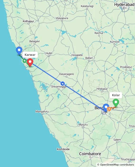 Route map showing distance and travel time from Kolar, India to Karwar, India