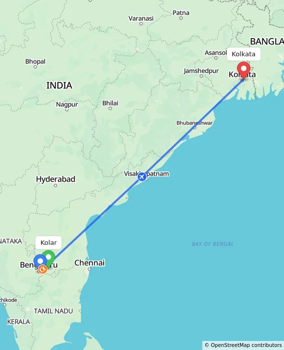 Route map showing distance and travel time from Kolar, India to Kolkata, India