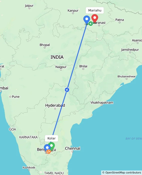 Route map showing distance and travel time from Kolar, India to Mariahu, India