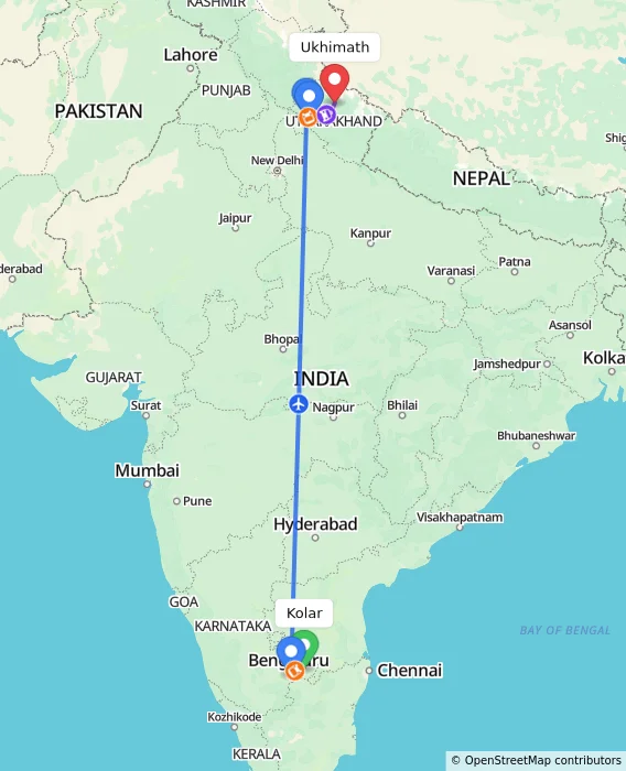 Route map showing distance and travel time from Kolar, India to Ukhimath, India