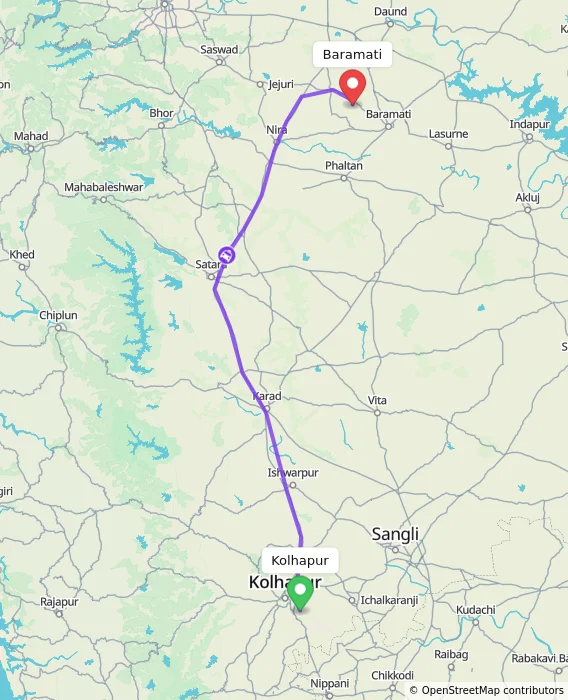 Route map showing distance and travel time from Kolhapur, India to Baramati, India